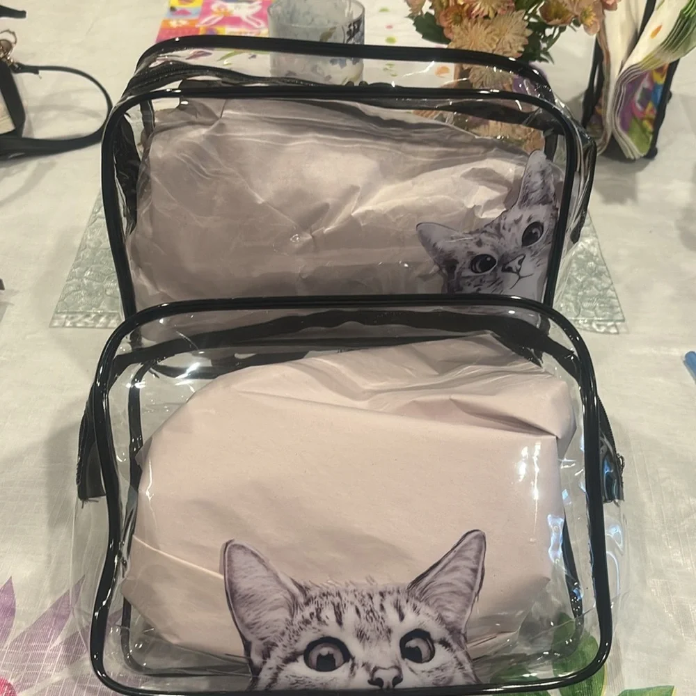 2 Tabby Cat Clear Plastic PVC Travel Toiletry Bags